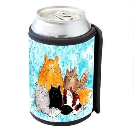 KuzmarK Insulated Drink Can Cooler Hugger - Maine Coon Kitty Family Mama and Four Kittens Abstract Cat Art by Denise