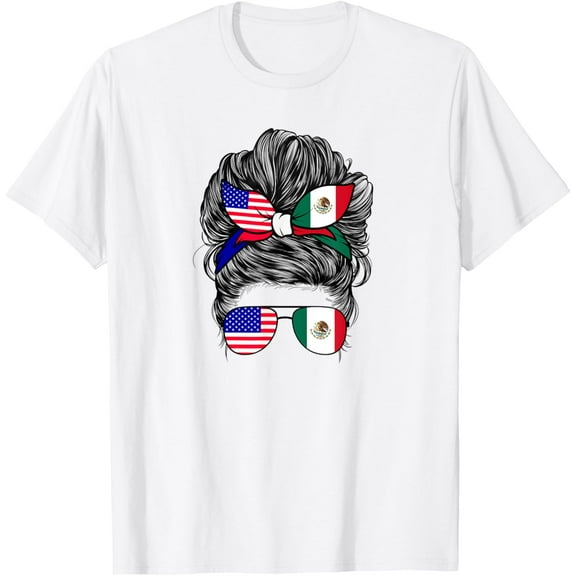 Half American And Mexican Mexico America Flag Girl Womens T-Shirt Tops Tee