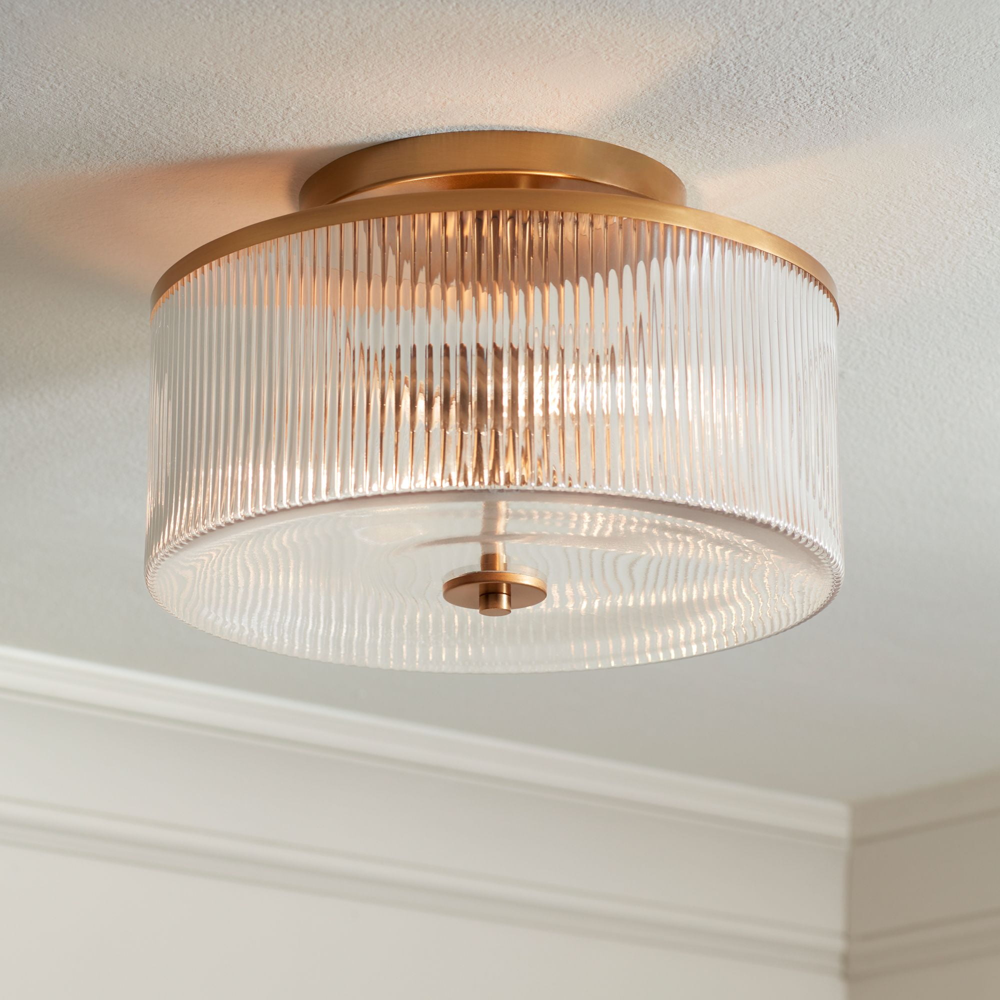 Possini Euro Design McKenzie 14" Mid Century Modern 2-Light Semi Flush-Mount Ceiling Light Fixture Kitchen Drum Warm Brass Finish