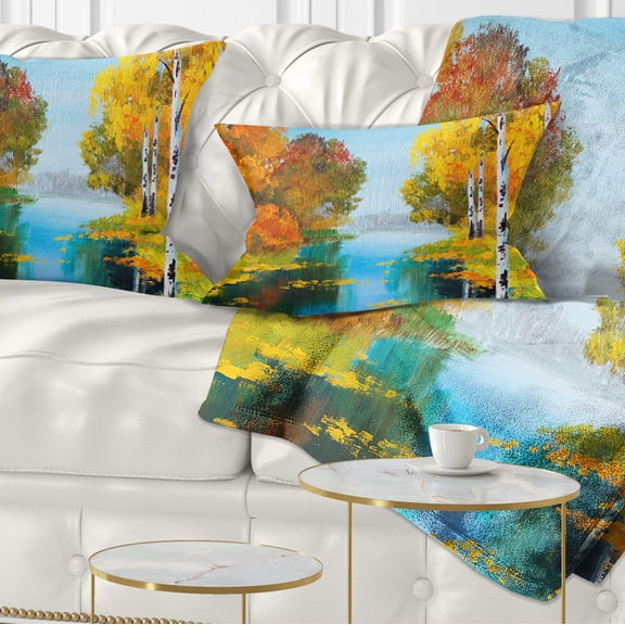 Designart Birch Forest near the River - Landscape Printed Throw Pillow - 12x20