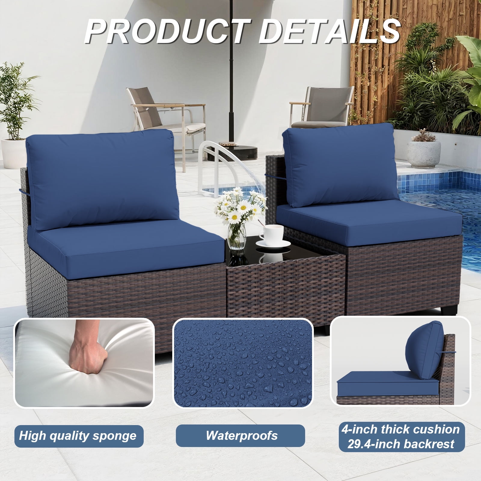 Gotland 7 Piece Outdoor Patio Furniture Set PE Rattan Wicker Patio Sectional Sofa Conversation Set Tempered Glass (Navy Blue)