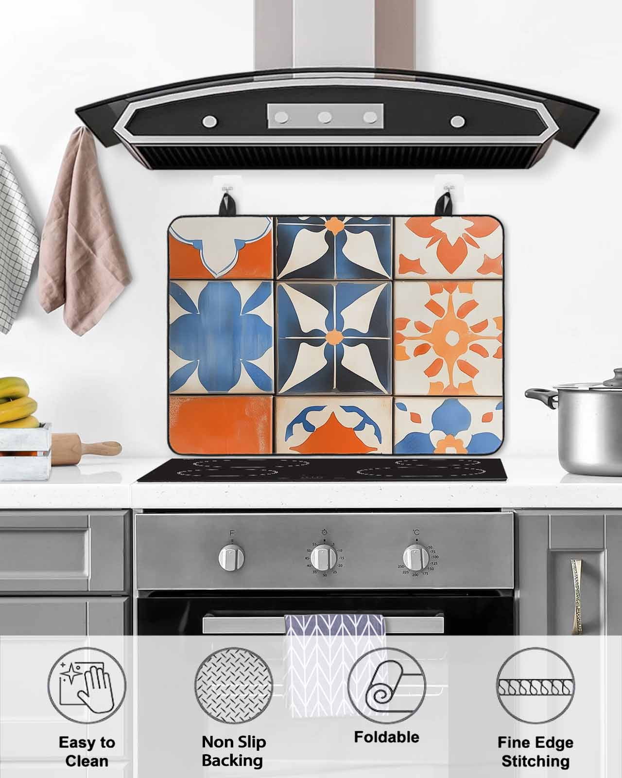 nqOlkjepod Large Induction Cooktop Protector Mat 36"x21", Orange Blue Stove Top Covers for Electric Stove, Boho Petals Flower Geometric Abstract Stove Burner Cover Mats, Glass Top Stove Cover