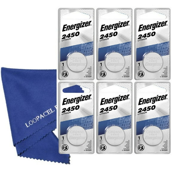 6 Energizer 2450 CR2450 ECR2450 Lithium Batteries - with Loopacell Brand Microfiber Cleaning Cloths Ultra Smooth
