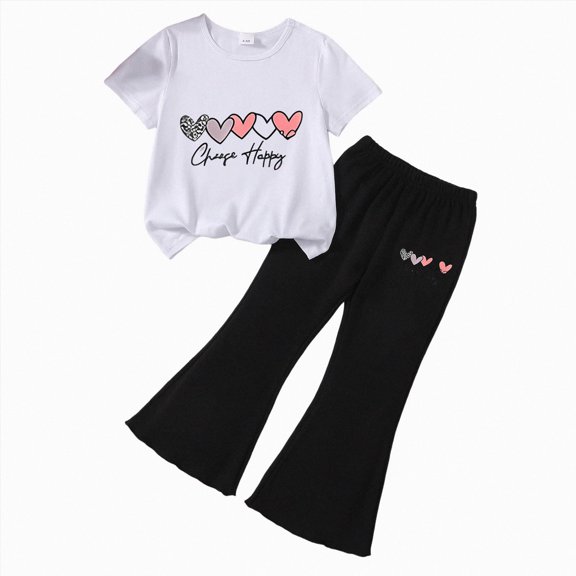 Nwiuh Girls 2 Piece Outfit, Graphic Short Sleeve T-Shirt and Cargo Jogger Sweatpants Set (I, 2-3 Years)