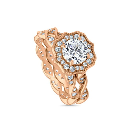 Rose Gold Plated Sterling Silver Cubic Zirconia CZ Art Deco Halo Woven Engagement Ring Set Size 10