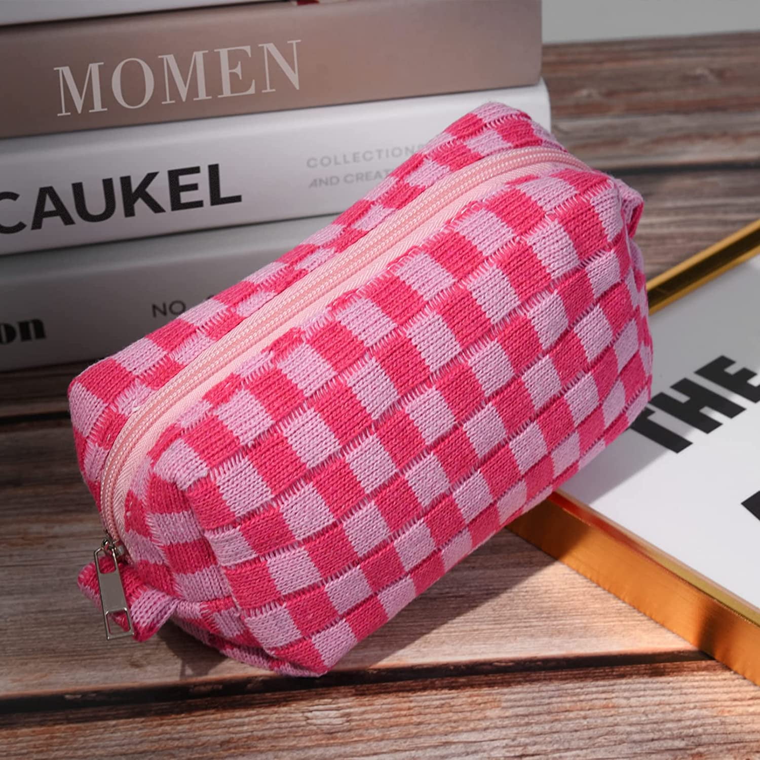 Lusofie Makeup Bag Checkered Cosmetic Bag 1Pc Brown Large Capacity Toiletry  Bag Zipper Pouch and 1Pc Small Makeup Brushes Storage Bag for Women :  : Fashion