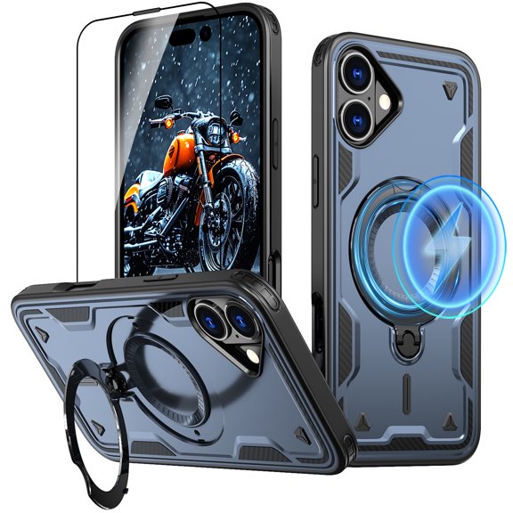 Elehold Magnetic for iPhone 16 Plus Case Compatible with MagSafe,Rotating Foldable Invisible Stand Military Dropproof Rugged Case with Tempered Glass Screen Protector for iPhone 16 Plus,Blue