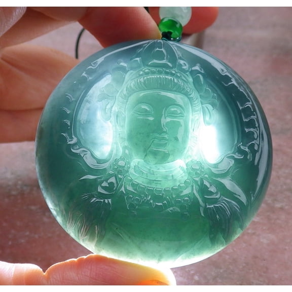 Certified Icy Green Burma 100% Natural A Jade jadeite Pendant Guanyin Kwan Yin Flower Necklace 658810 TN