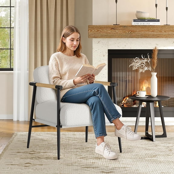 Acekid White Modern Cozy Reading Chair, Accent Chair with Metal Frame, Plush Sherpa Fabric & Spring Foam Cushion for Living Room