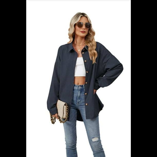Camisas de con Botones para Mujer, Elegantes, Informales, de Larga, Holgadas, con Bolsillo, Azul Marino M