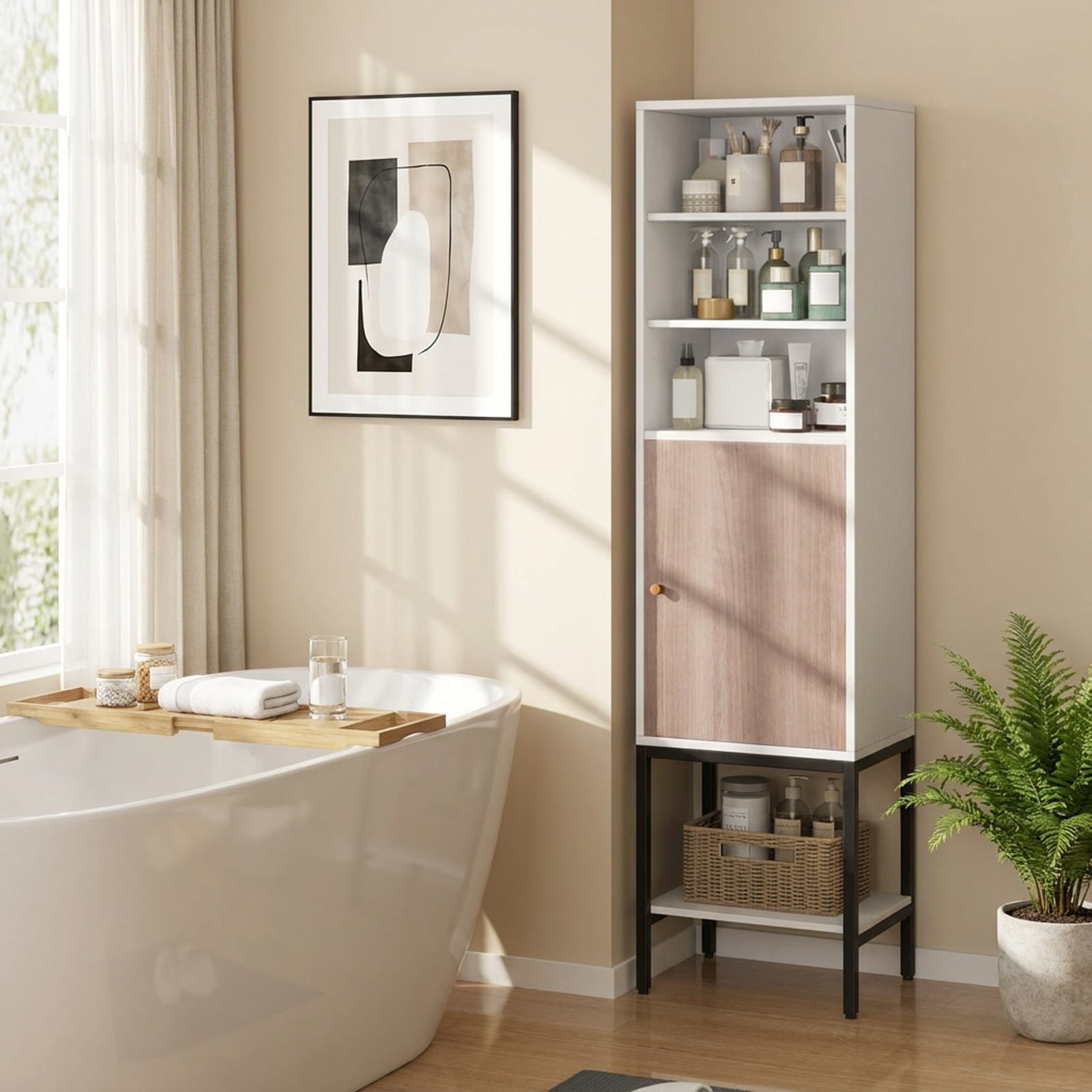 Vebreda Freestanding Bathroom Storage Cabinet, 57 Inch Bathroom Tall Cabinet with 1 Door and 4 Shelves Narrow Storage Unit with Adjustable