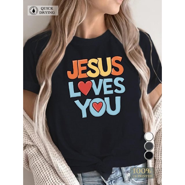 Women's Comfy Heart & Jesus Graphic Tee - Casual Crew Neck, Short Sleeve Tee For Adult, Men, Women, Teen, Teenager, Adolescent, Youth