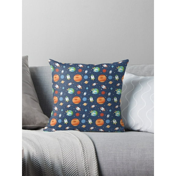 Ryan; Whimsical Cartoon Space Throw Pillow with Planets, Stars and Rockets for Kid’s Room, Astronaut-Themed Decor or Galaxy Lovers