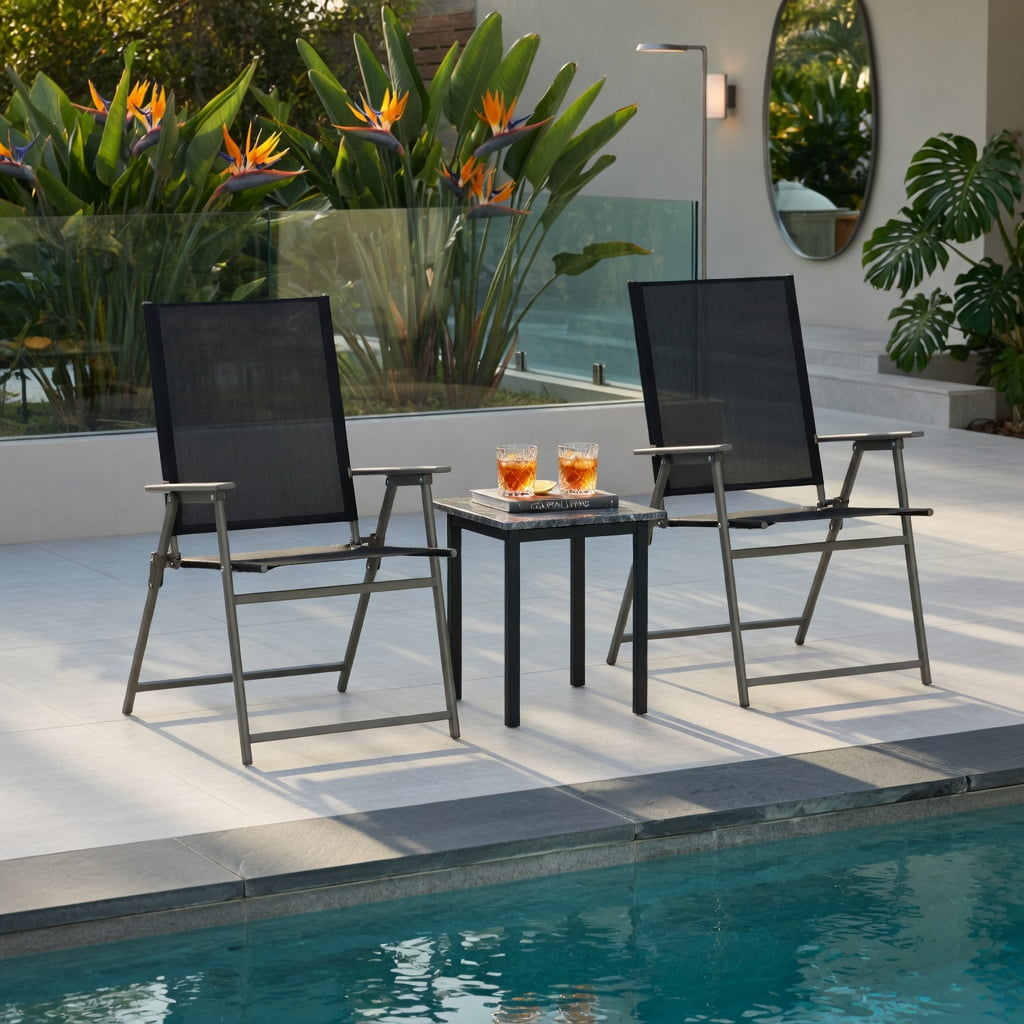 Hommoo 2-Pack Foldable Patio Chairs with Armrests, Heavy-Duty Metal Outdoor Chairs for Deck, Garden, Backyard & Camping, Black