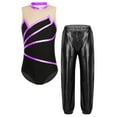 thumbnail image 3 of TSSOE Girls 2Pcs Dance Outfits Sleeveless Sheer Mesh Patchwork Leotard and Pants Set for Ice Skating Gymnastics Purple&Black 14, 3 of 5
