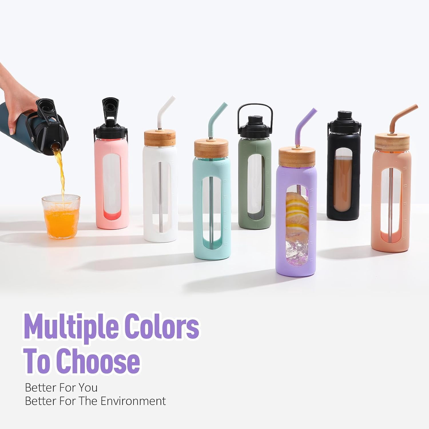 MUKOKO Glass Water Bottle, 24oz Sports Drinking Tumbler with Silicone Sleeve and Straw, 1 Cup 2 Lids, Purple
