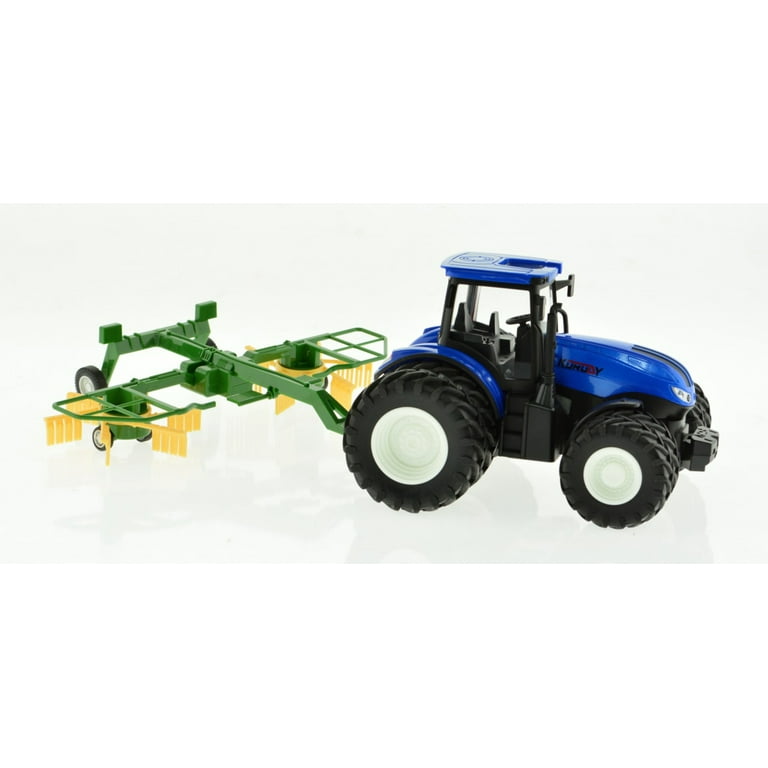 1 24 Korody RC Farm Tractor Toy 8 Wheel DieCast Metal w Working Rake Attachment Lights