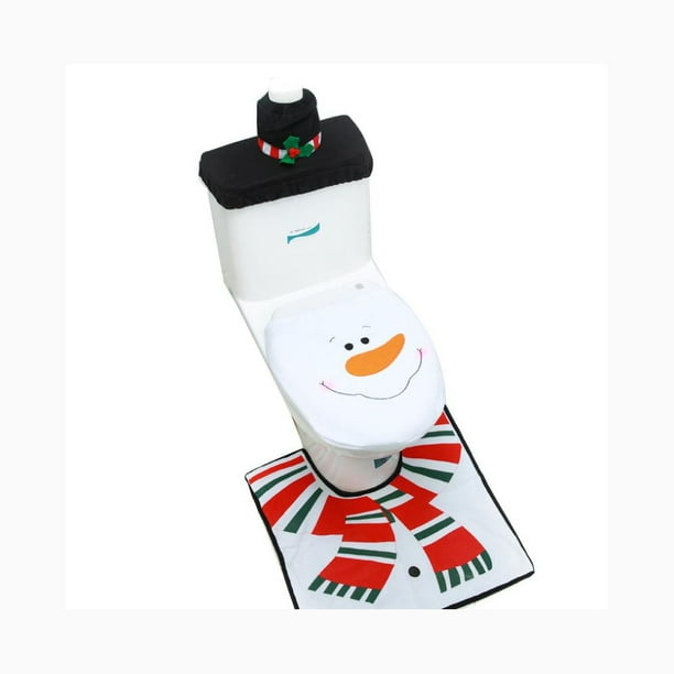 3Piece Snowman Santa Toilet Seat Cover and Rug Set Red Christmas