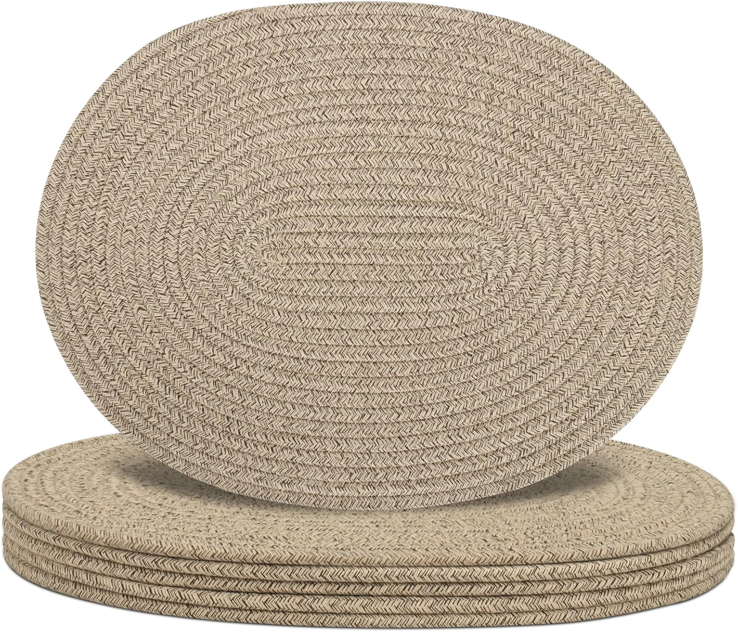 Oval Woven Placemats Set of 6, Boho Cotton Rope Braided Table Mats, 17x13 Inches Non Slip Heat Resistant Place Mats for Dining Room, Thick Hot Pads for Farmhouse Kitchen Table Decor. (Black)