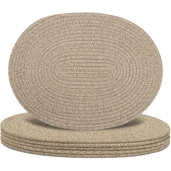 Oval Woven Placemats Set of 6, Boho Cotton Rope Braided Table Mats, 17x13 Inches Non Slip Heat Resistant Place Mats for Dining Room, Thick Hot Pads for Farmhouse Kitchen Table Decor. (Brown)