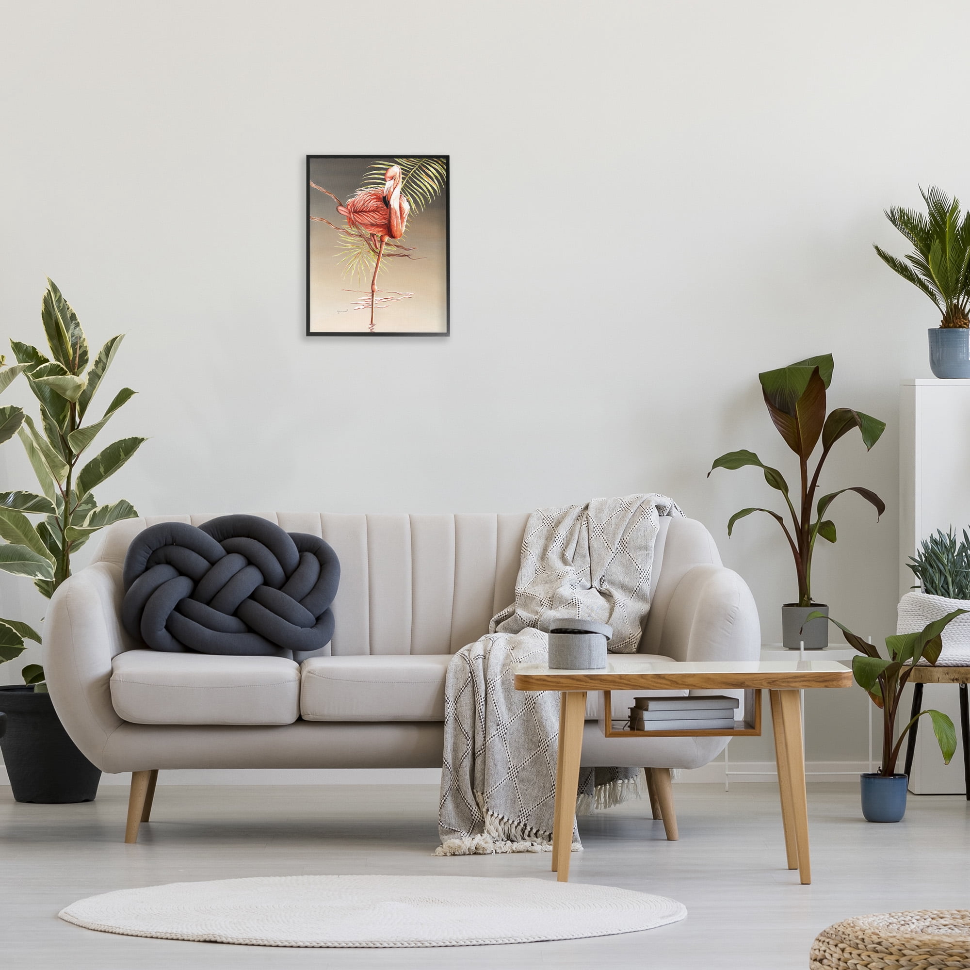 Stupell Industries Flamingo Balancing with Leaf Animals & Insects Painting Black Framed Art Print Wall Art, 16 x 20