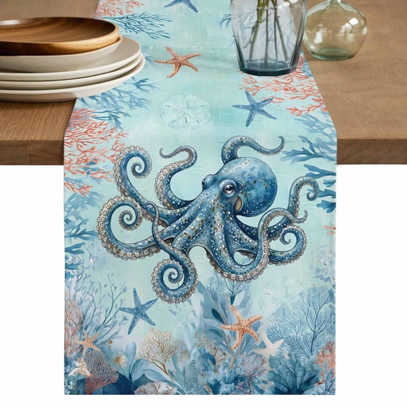 Coastal Octopus Blue Table Runner 120 Inches, Summer Beach Nautical Coral Starfish Bed Runner Dresser Scarves Tabletop for Indoor Outdoor Parties/Ceremony/Banquet, 13"x 120"