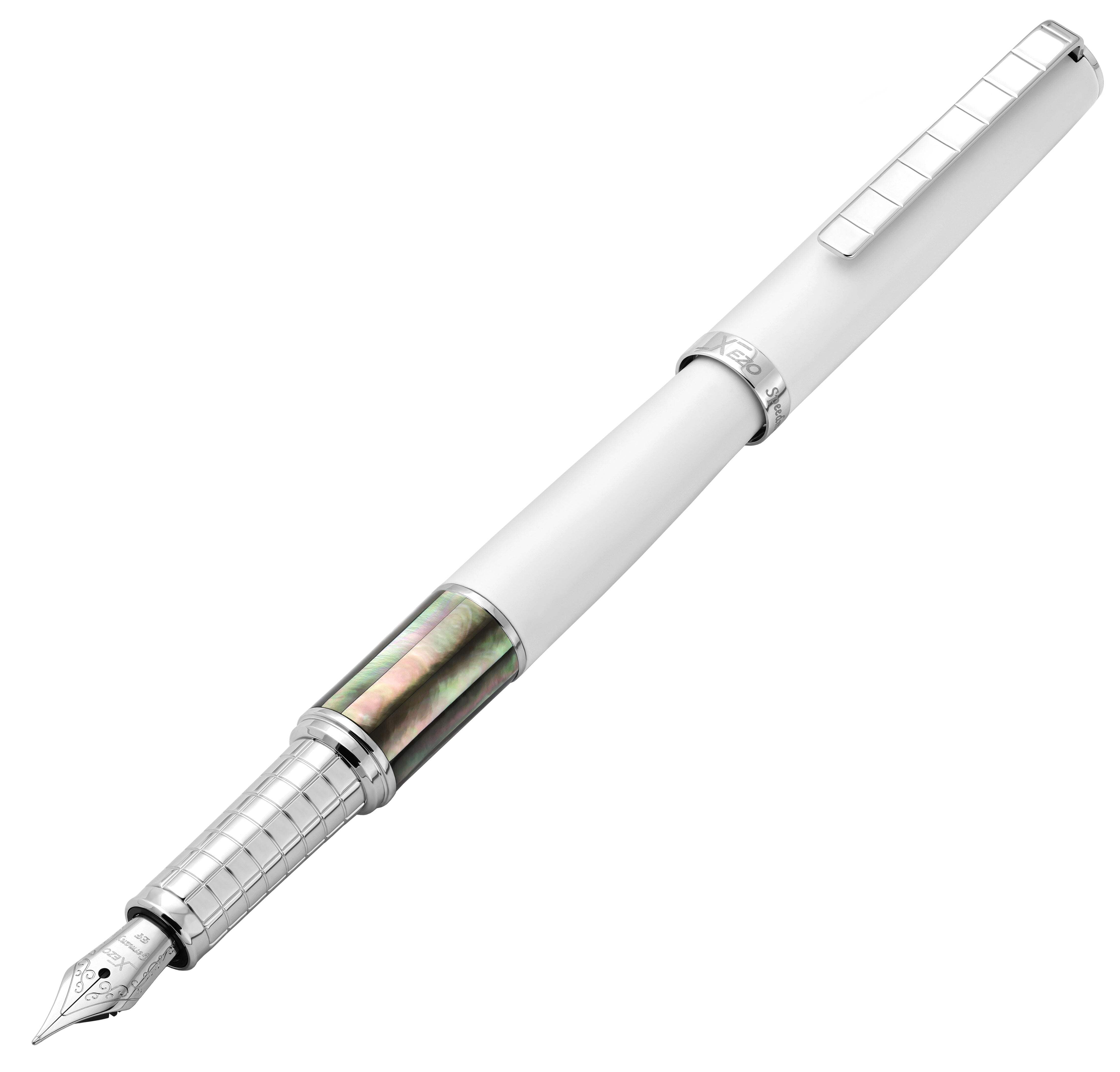 Xezo Speedmaster® White Brass Fountain Pen (Extra Fine Nib) - With Tahitian Black Mother of Pearl