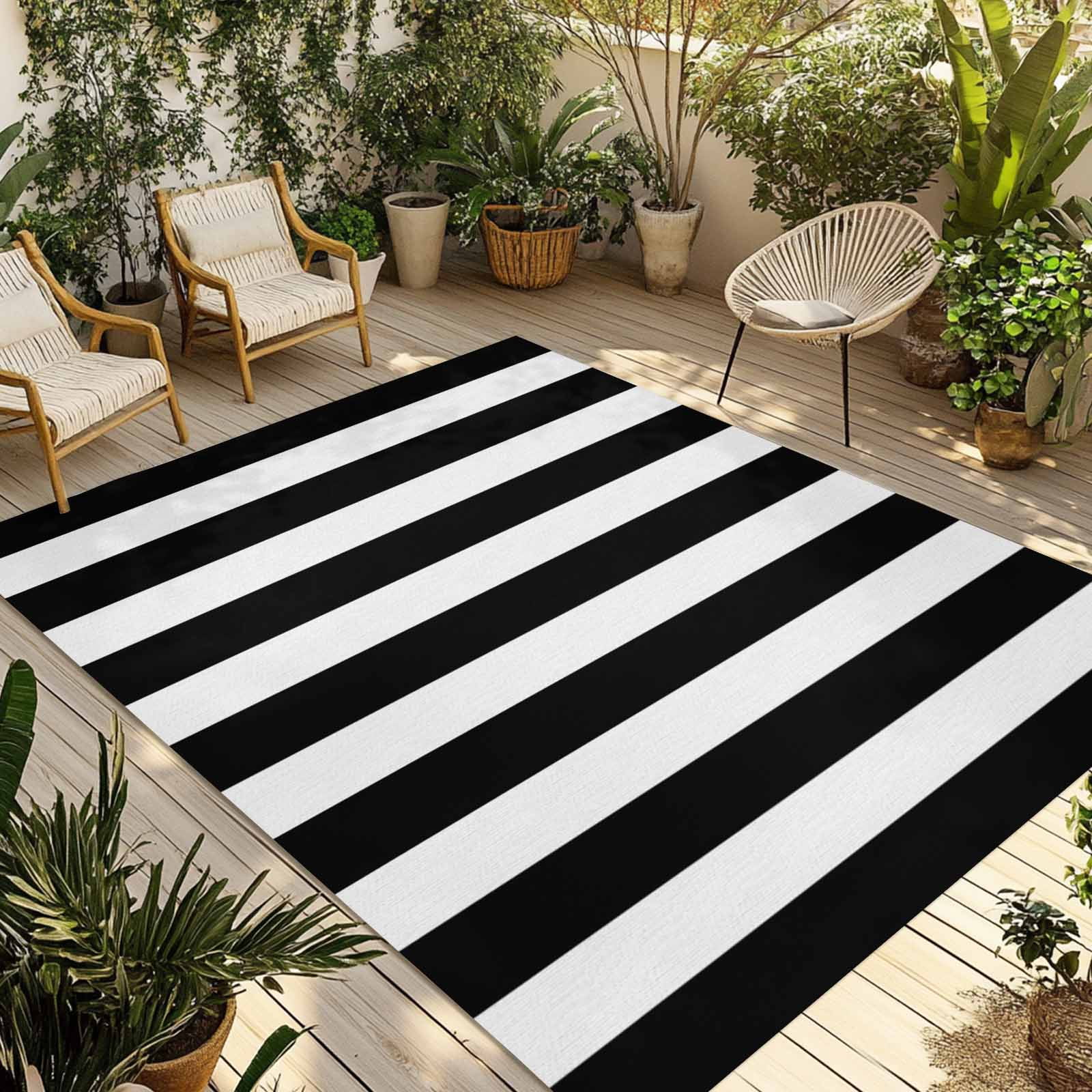Outdoor Rug 6x9 ft Black and White Striped Pattern Waterproof Outdoor Patio Rug Mat Non Slip Outside Area Rugs Carpet for RV,Camping,Porch,Deck,Pool,Balconybackyard,Minimalist