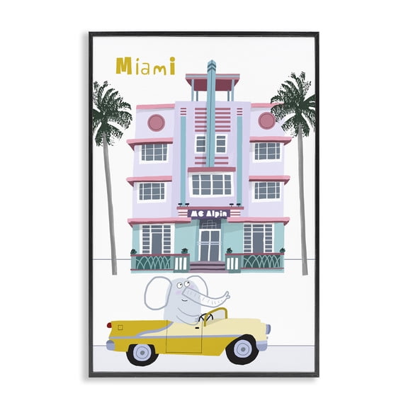 Elephant & Miami Hotel Black Framed Giclee Art, design by Carla Daly