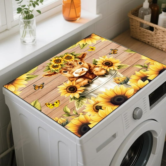 Highland Cattle Washer Dryer Dust Cover 23.6×19.7inch Sunflowers Cute Calf Washing Machine Top Protector Pads Non Slip Washing Machine Top Covers for Laundry Room Living Room Desk Colorful