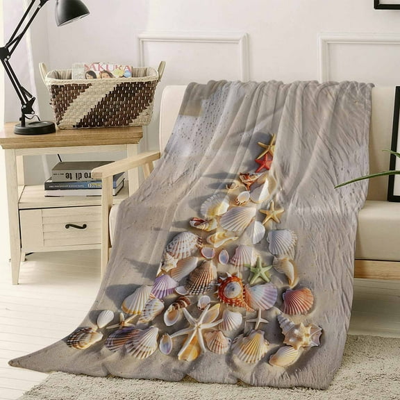 Christmas Throw Flannel Blanket 40x50In Beach Shell Starfish Conch Christmas Tree Shape Super Soft Cozy Bed Blanket, Lightweight Plush Fuzzy Bed Throw for Bedroom Sofa Couch Living Room