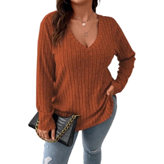 Cogild Women’s Plus Striped Long Sleeve V-Neck Tunic Top Pullover Loungewear Sweater