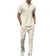 thumbnail image 2 of Aueoeo Men's 2 Piece Shirt Set Short Sleeve V Neck Zipper Pullover Casual Long Pants Outfits Formal Business Outfits, 2 of 4