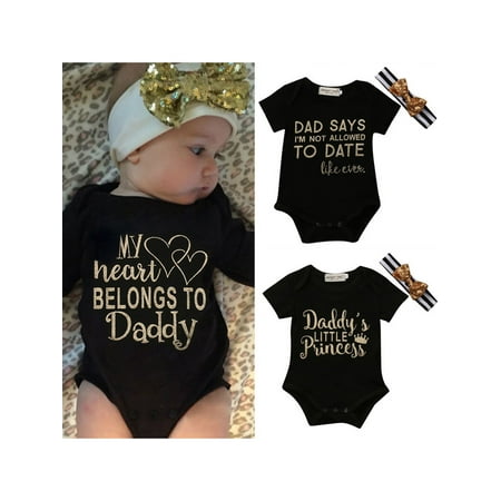 

Ma&Baby Infant Baby Girls Clothes Set Short Sleeve Letter Print Romper Shirt with Bowknot Stripe Headband 2Pcs Outfits