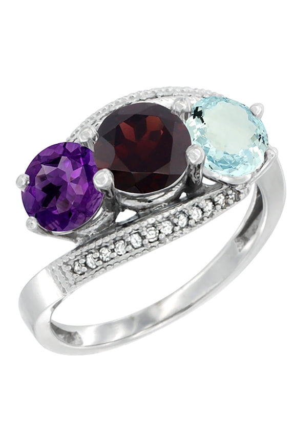 14K White Gold Natural Amethyst, Garnet & Aquamarine 3 stone Ring Round 6mm Diamond Accent, size 7