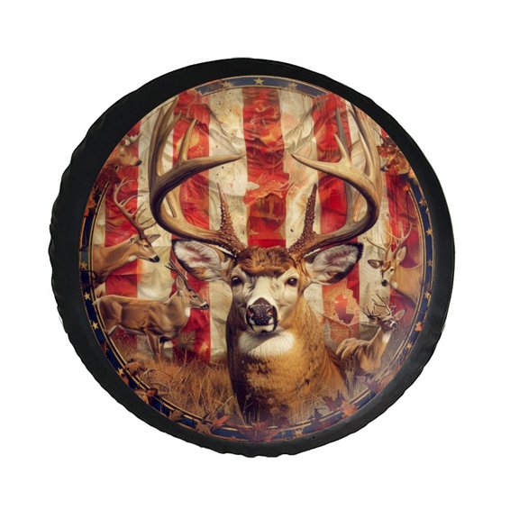KAKALAD American Flag Deer 02 Spare Tire Cover PVC Leather Universal Vehicle Accessories Buckle Car Tools 14”in