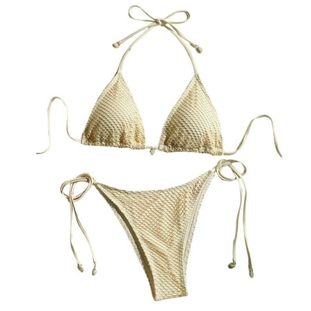 JIANJIA Womens Swimsuits Solid Color Mesh Hollow Out Sexy Lace Up Halter Brassiere With Thongs Beach Swimsuit Two Piece Bikinis Swimwears Bathing Suits Beige L