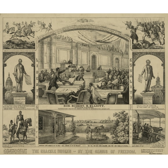 Robert B. Elliott./N'The Manille Cassée - par le Génie de la Liberté, Lithographie par E. Sachse & Co., 1874. Affiche Imprimée par (18 x 24)