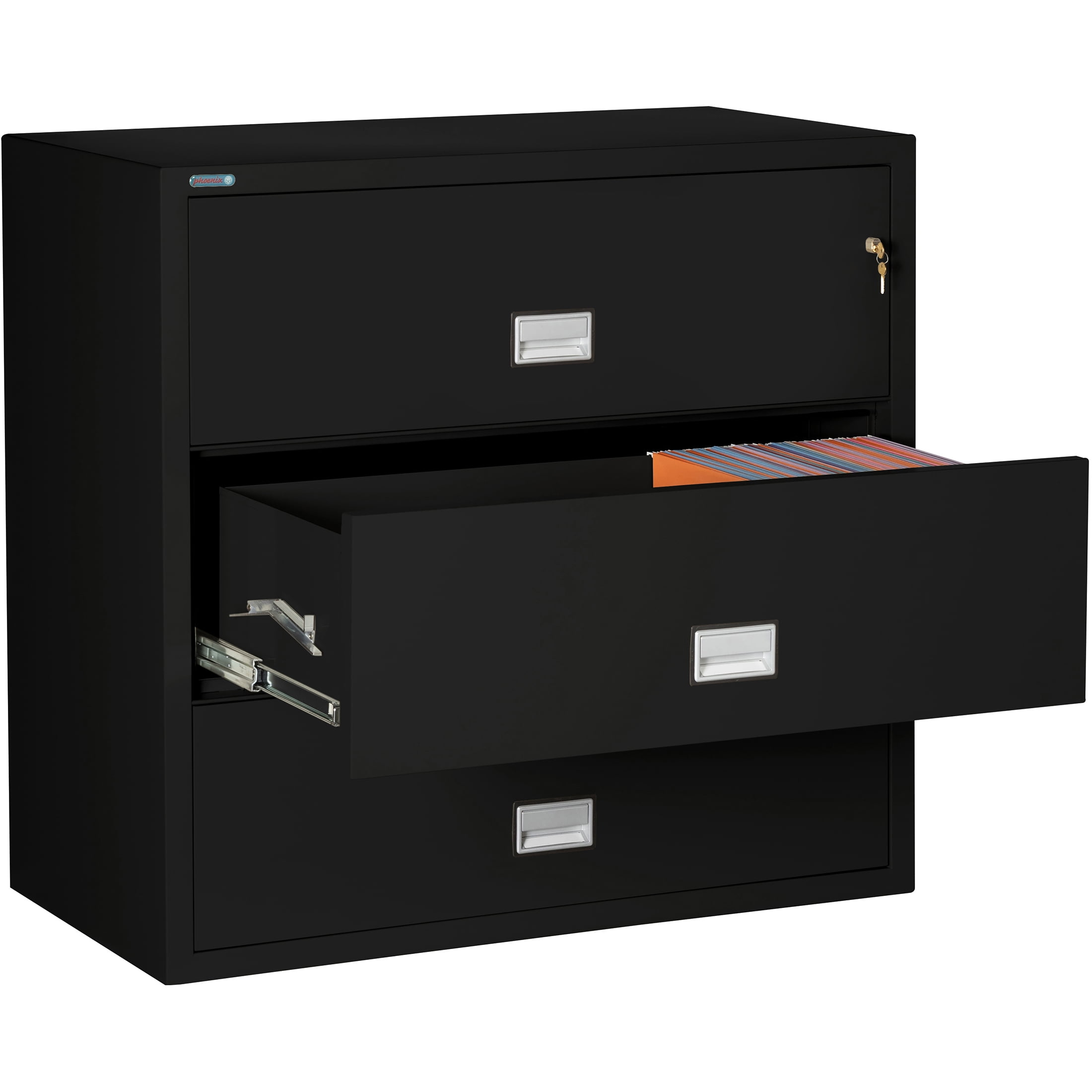Phoenix Safe Lateral 44 inch 3-Drawer Fireproof File Cabinet with Key Lock, Water Seal, Black, LAT3W44B