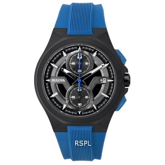 Bulova Maquina Chronograph Black Dial Blue Strap Quartz 98B380 100M Men's Watch