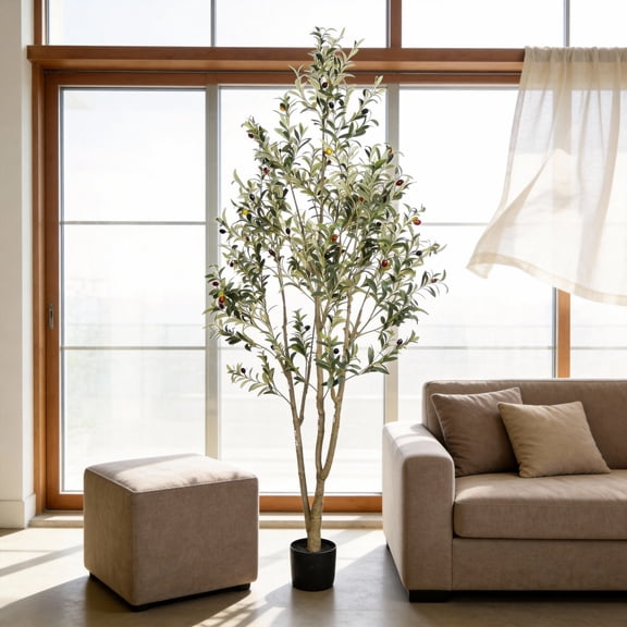7ft Artificial Olive Plants with Realistic Leaves and Natural Trunk,Faux Olive Tree in Black Plastic Pot for Office Home