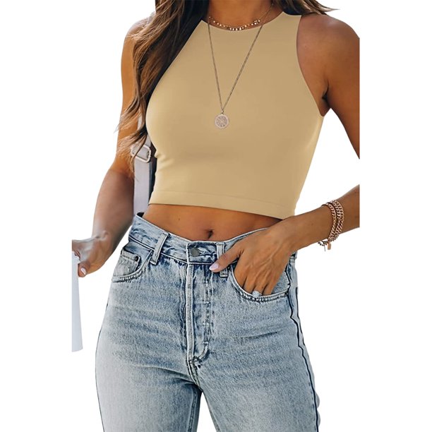 Parte Superior De La Cosecha Top corto para mujer Estilo informal Cami Top corto Slim Fit Traje diario (Caqui L) Cgtredaw Para estrenar