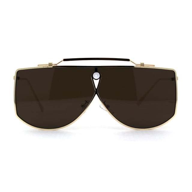 SA106 Retro Shield Oceanic Lens Oversize Flat Top Metal Sunglasses Gold Dark Brown