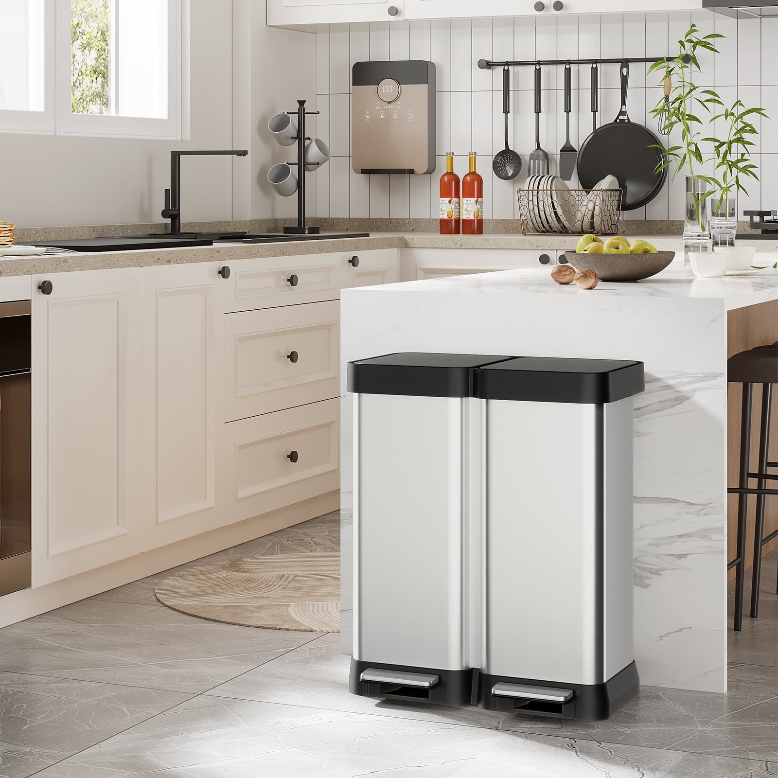 16 Gallon Trash Can with 2 Lids,Dual Compartment (2x30L) Stainless Steel Garbage Can,Fingerprint Resistant,Hands-Free Pedal,Step-On Garbage Can for Home, Office, or Kitchen(No Inner)