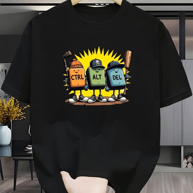 Men's Retro Computer Key T-Shirt - Ctrl Alt Del Design Short Sleeve Round Neck Tee Suitable for Daily Wear & Outdoor, Casual Tech Apparel for Gamers and Professionals