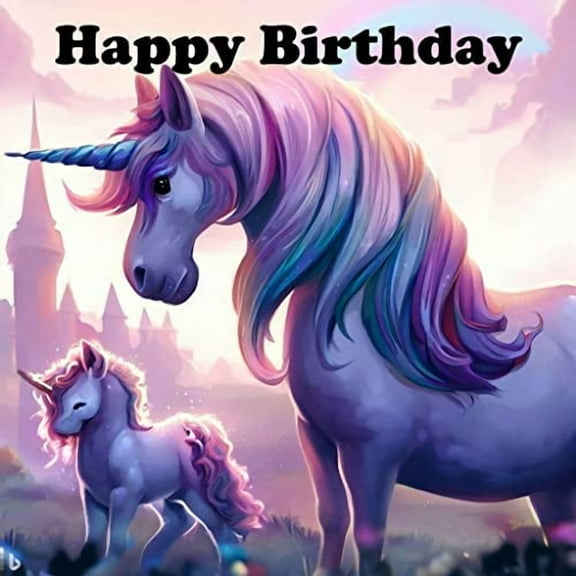 Unicorn with Baby and castle #3 edible cake topper (8 Inch Round)  fits 8 inch round cake or larger