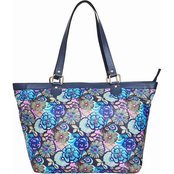 Sishka Hand Crafted Printed Nylon & Leather Ladies Shoulder  Tote Bag – Stylish Zip Closure Handbag with Leather Trim, Travel & Work Tote for Women