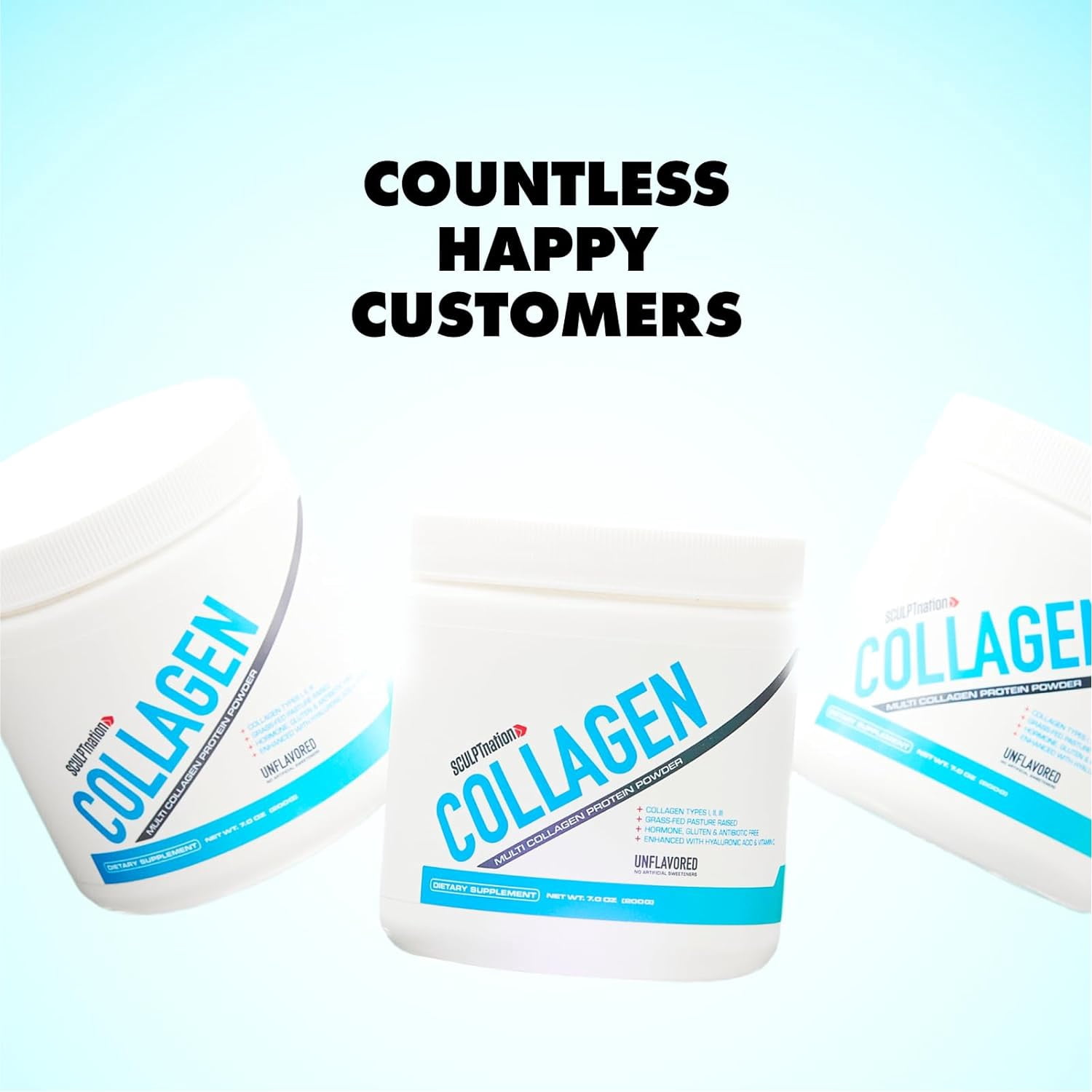 Sculpt Nation Collagen Peptides Powder Types I II III with Hyaluronic Acid, Hair Skin Nails and Joint Support, Unflavored, 30 Day Supply, 7.0 oz