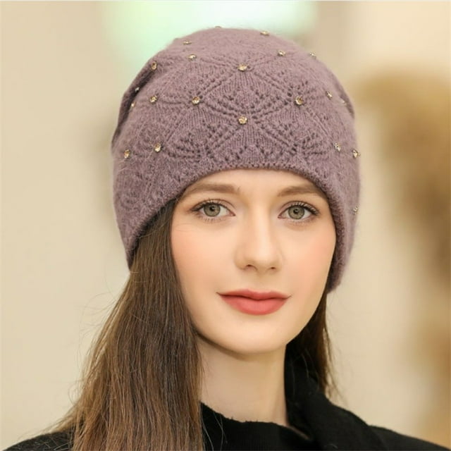 Chapeau d'Hiver en Tricot Torsadé Extensible Doux et Chaud pour Femmes avec Perles