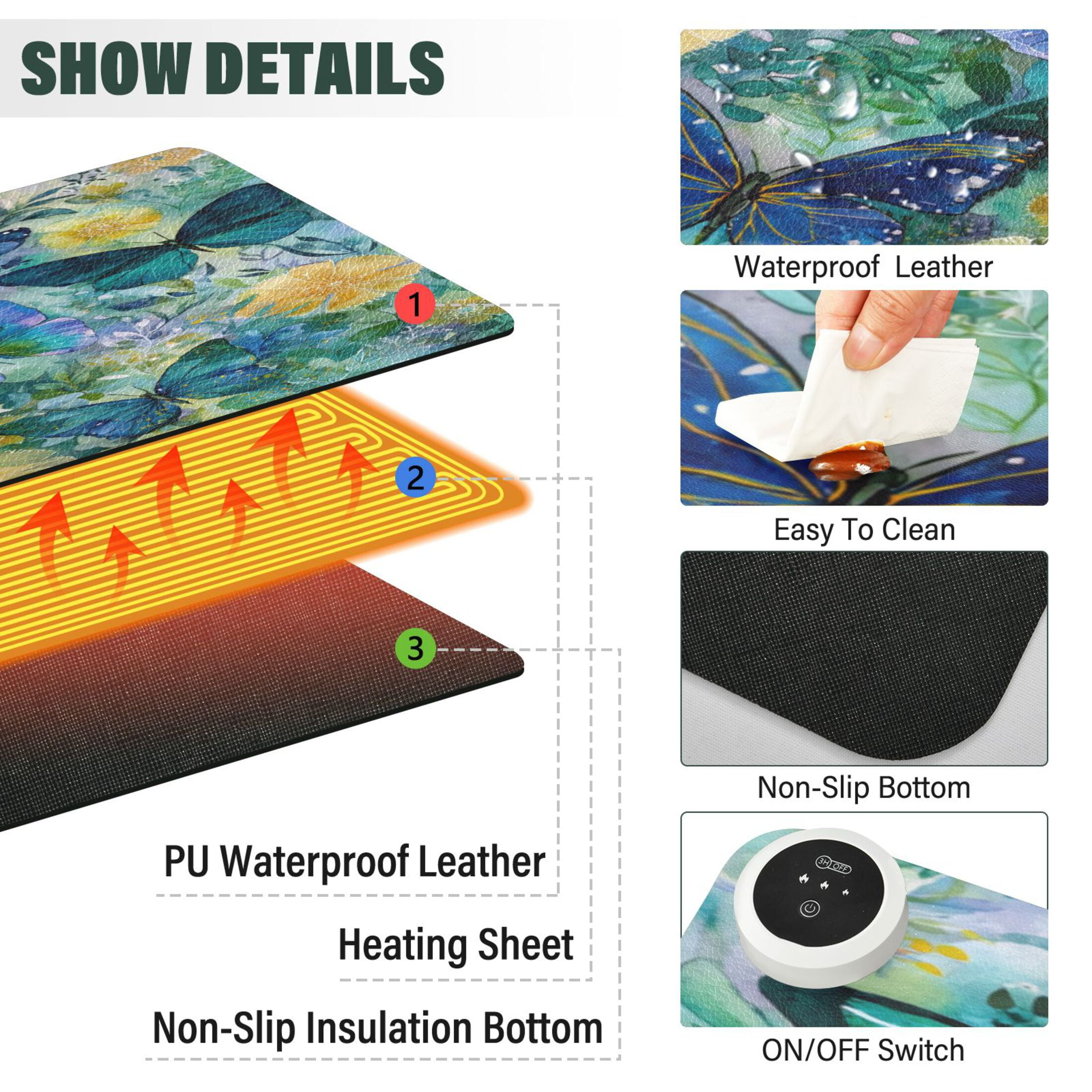Wobogo Green Butterfly Heated Mouse Pad Extra-Large Desk Mat With 3 Heating Levels and 3-hour Auto Shut-Off Protection Ideal for Computer Keyboards Home Office Hand-warming Essential 31.5in × 13in